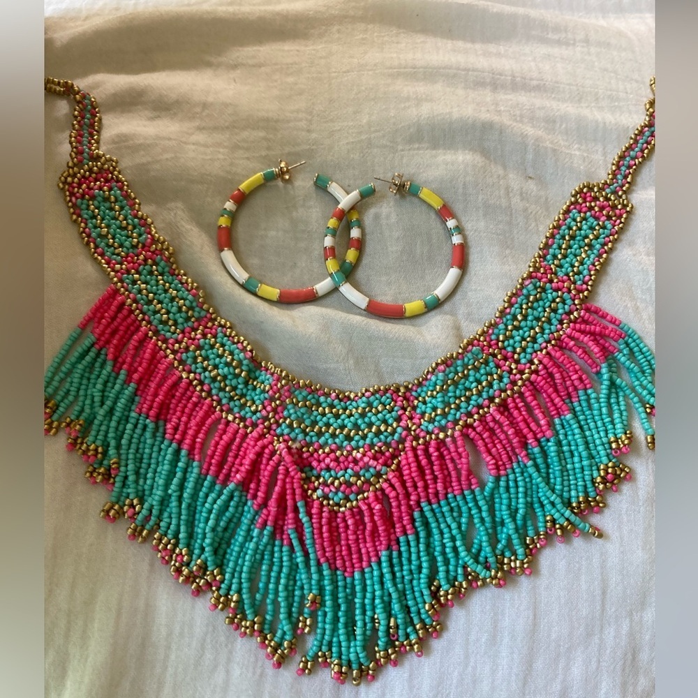 Bohemian Seed Beads Choker Necklace‎ & Hoop Earrings Matched Bundle Lot